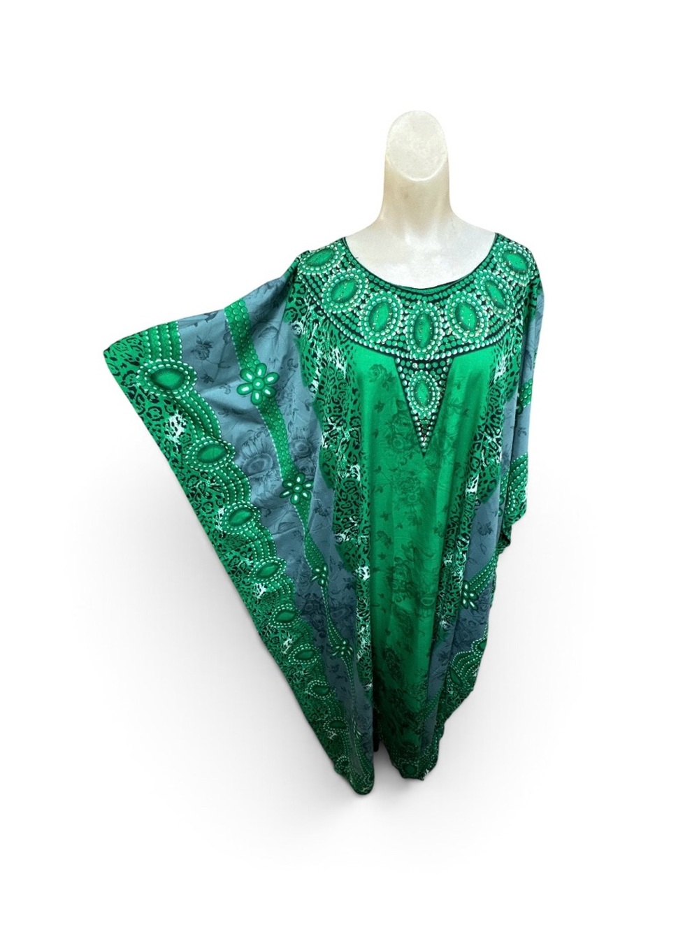 Vintage Y2K Santé Classics Green Animal Print Caftan Muumuu Maxi Dress OS